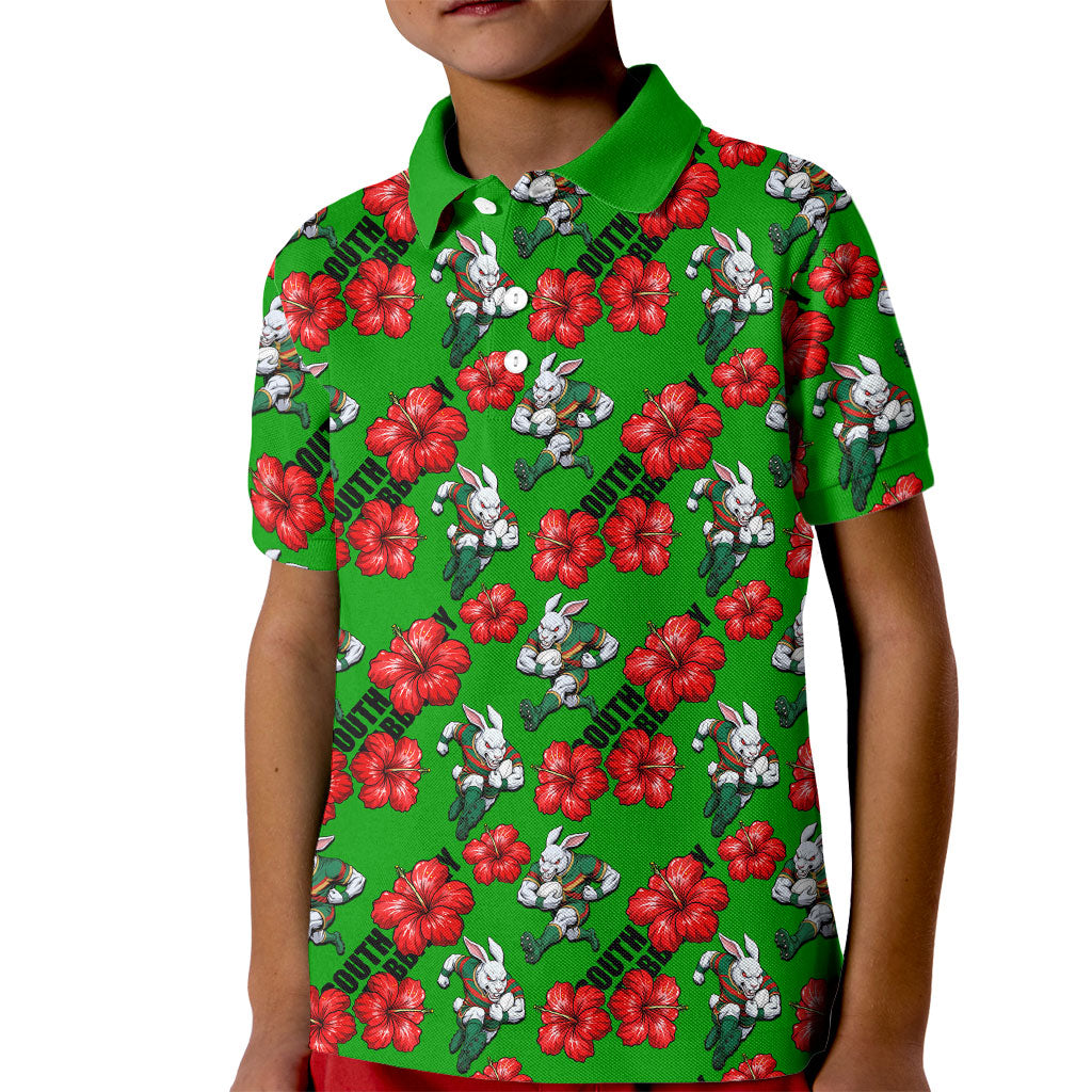 South Sydney Rabbitohs Kid Polo Shirt Tropical Hibiscus Floral Seamless Rugby Mascot