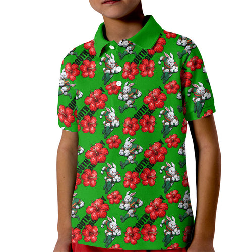 South Sydney Rabbitohs Kid Polo Shirt Tropical Hibiscus Floral Seamless Rugby Mascot
