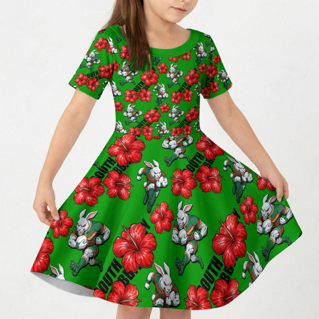 South Sydney Rabbitohs Kid Short Sleeve Dress Tropical Hibiscus Floral Seamless Rugby Mascot
