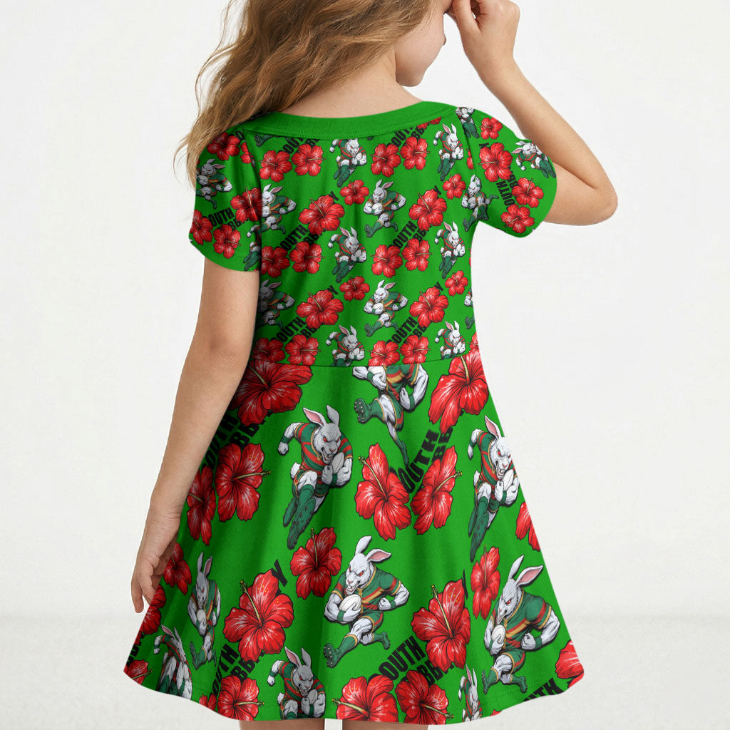 South Sydney Rabbitohs Kid Short Sleeve Dress Tropical Hibiscus Floral Seamless Rugby Mascot