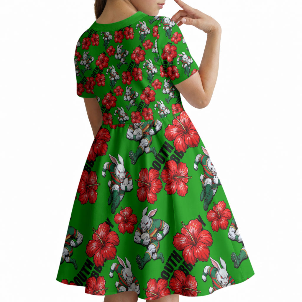 South Sydney Rabbitohs Kid Short Sleeve Dress Tropical Hibiscus Floral Seamless Rugby Mascot