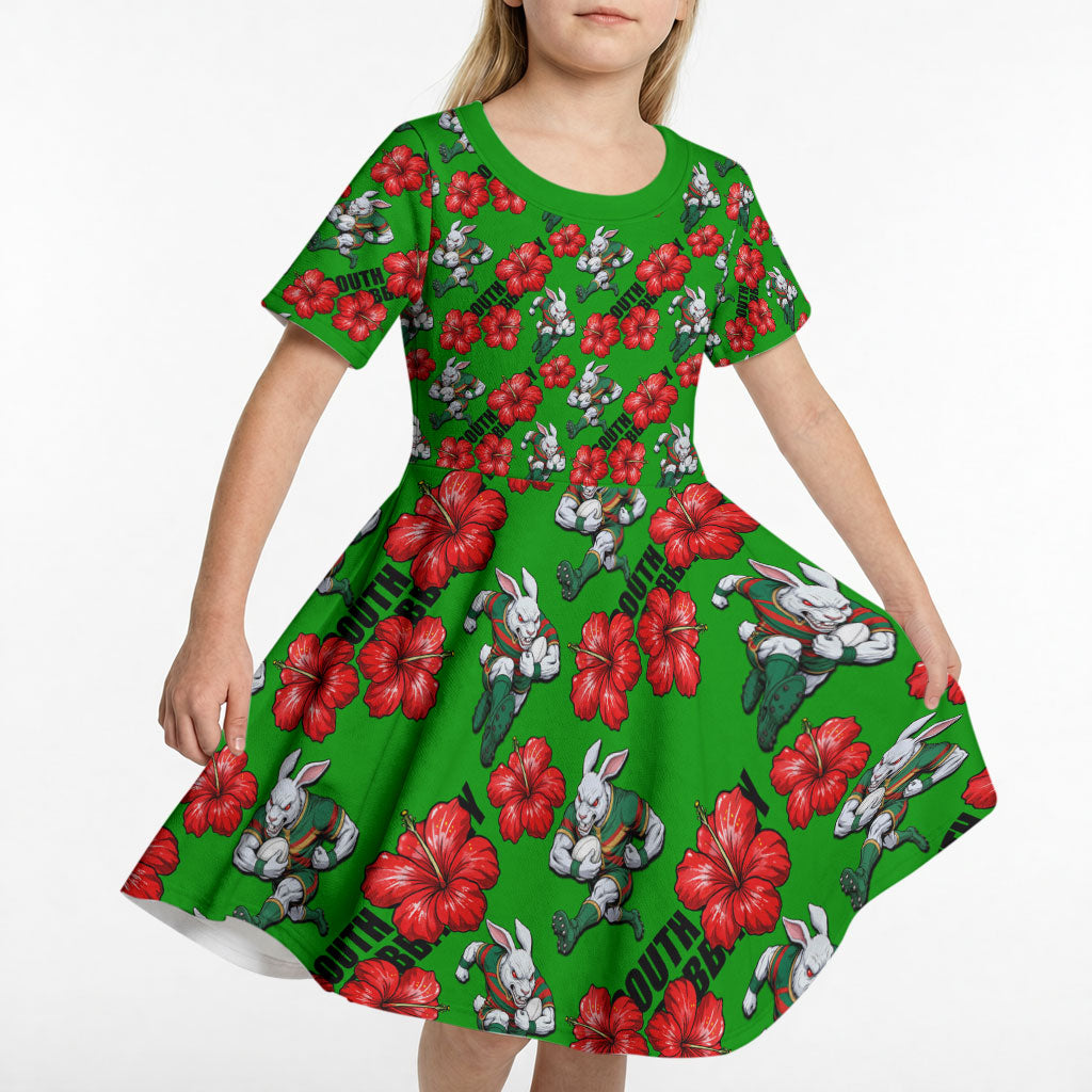 South Sydney Rabbitohs Kid Short Sleeve Dress Tropical Hibiscus Floral Seamless Rugby Mascot