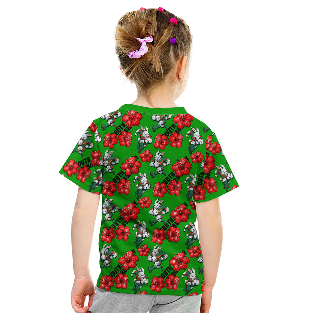 South Sydney Rabbitohs Kid T Shirt Tropical Hibiscus Floral Seamless Rugby Mascot