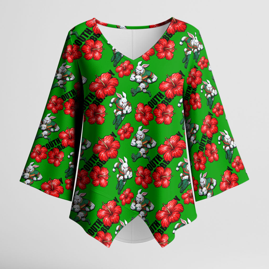 South Sydney Rabbitohs Kimono Sleeve Blouse Tropical Hibiscus Floral Seamless Rugby Mascot