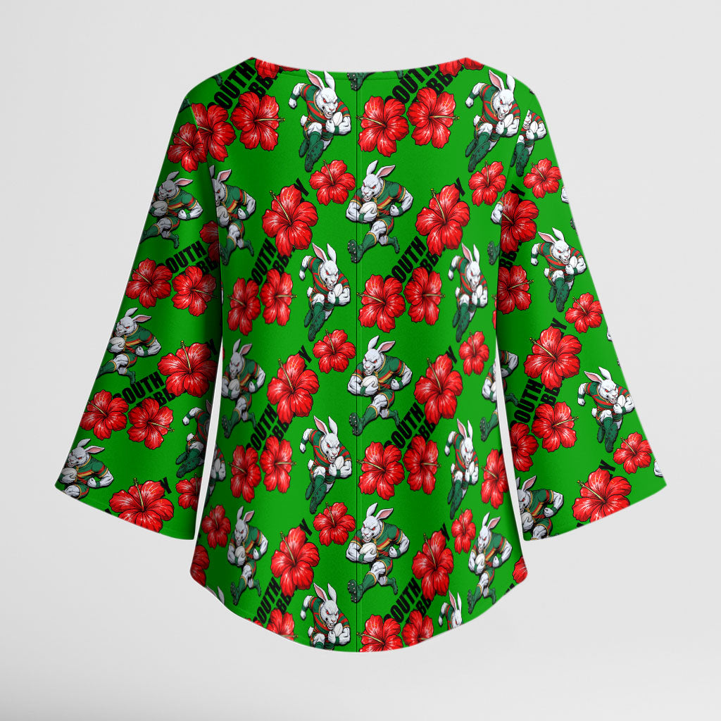 South Sydney Rabbitohs Kimono Sleeve Blouse Tropical Hibiscus Floral Seamless Rugby Mascot