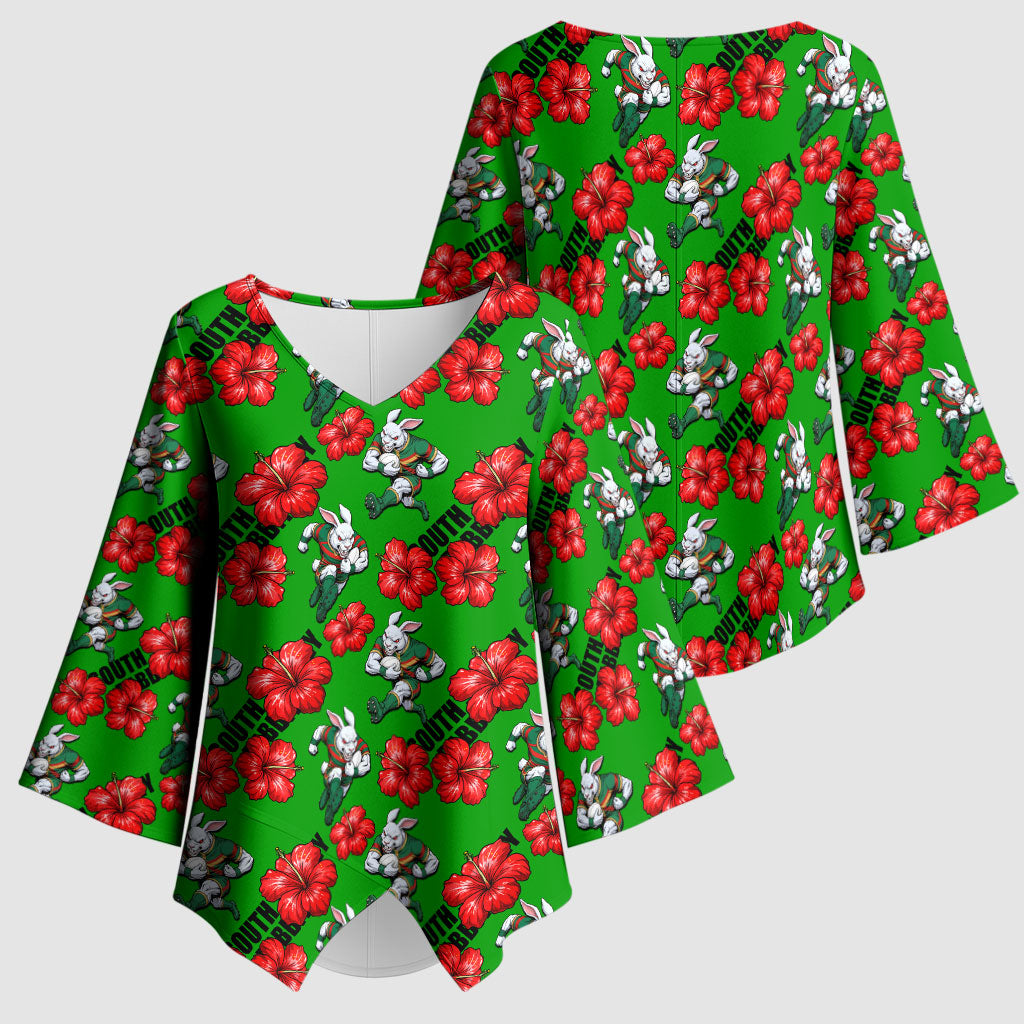 South Sydney Rabbitohs Kimono Sleeve Blouse Tropical Hibiscus Floral Seamless Rugby Mascot