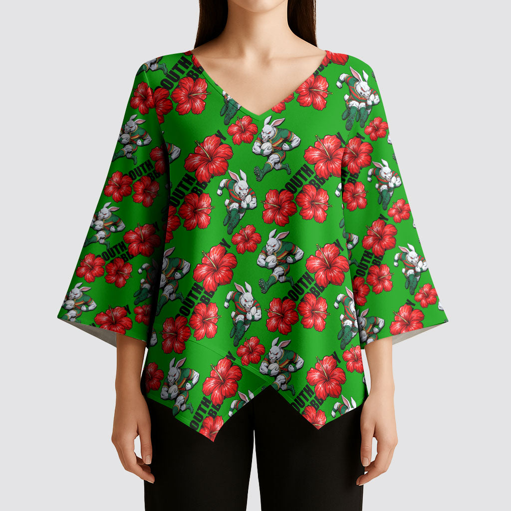 South Sydney Rabbitohs Kimono Sleeve Blouse Tropical Hibiscus Floral Seamless Rugby Mascot