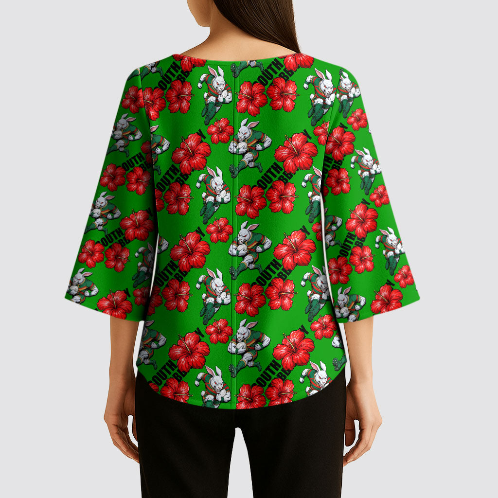 South Sydney Rabbitohs Kimono Sleeve Blouse Tropical Hibiscus Floral Seamless Rugby Mascot