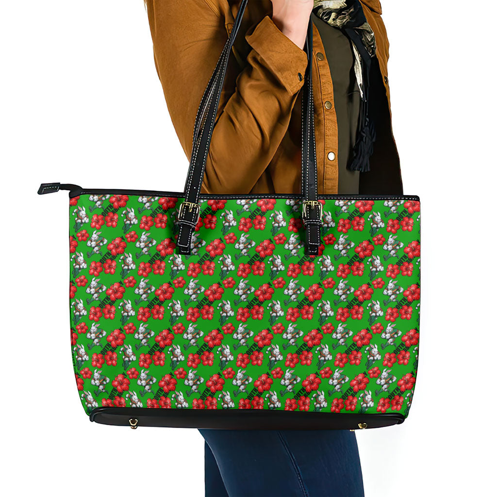 South Sydney Rabbitohs Leather Tote Bag Tropical Hibiscus Floral Seamless Rugby Mascot