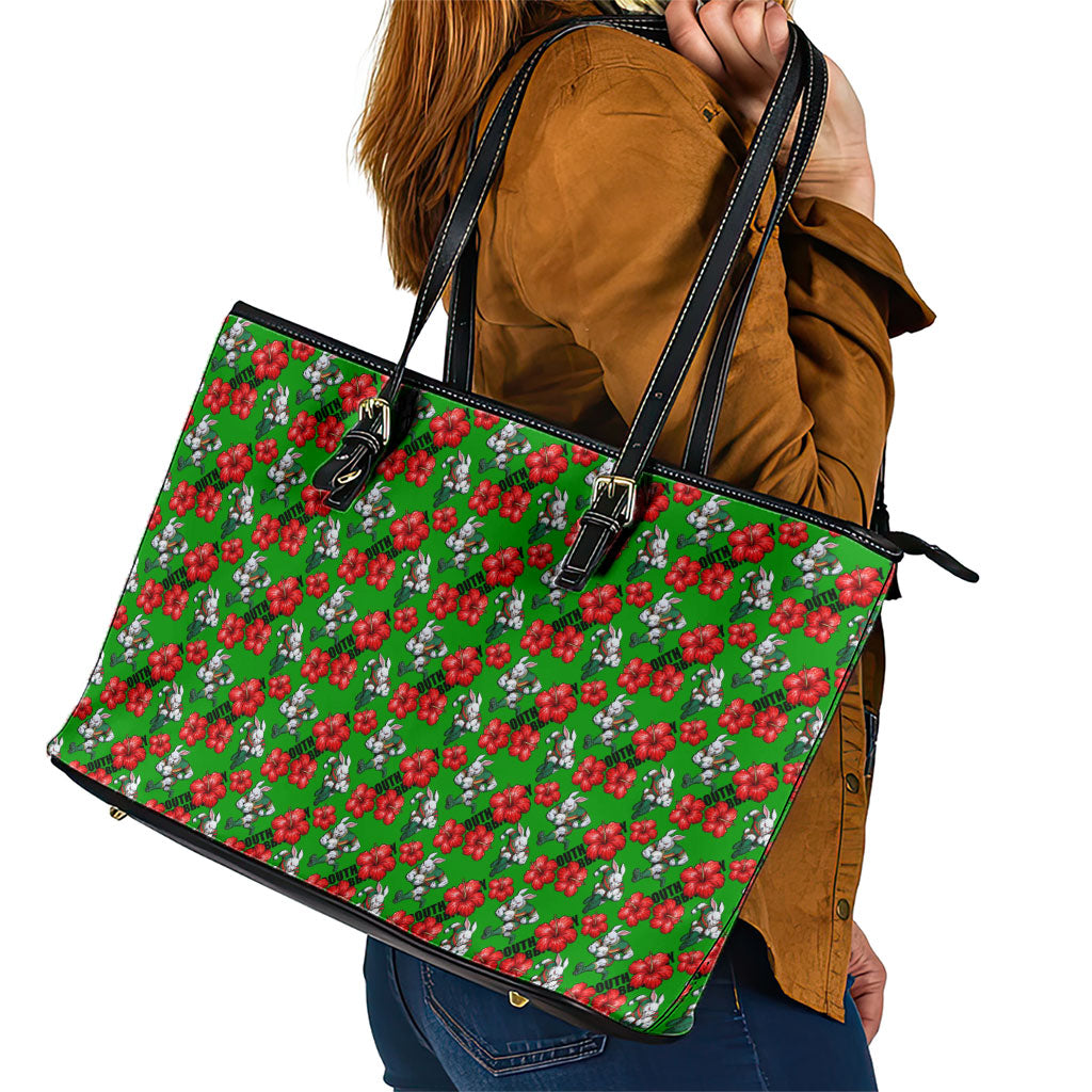 South Sydney Rabbitohs Leather Tote Bag Tropical Hibiscus Floral Seamless Rugby Mascot