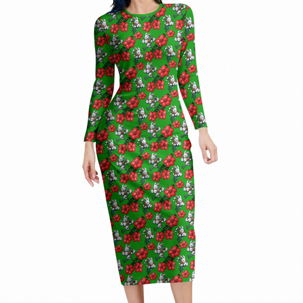 South Sydney Rabbitohs Long Sleeve Bodycon Dress Tropical Hibiscus Floral Seamless Rugby Mascot