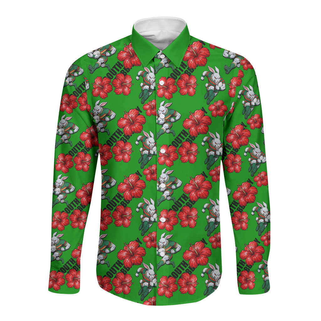 South Sydney Rabbitohs Long Sleeve Button Shirt Tropical Hibiscus Floral Seamless Rugby Mascot