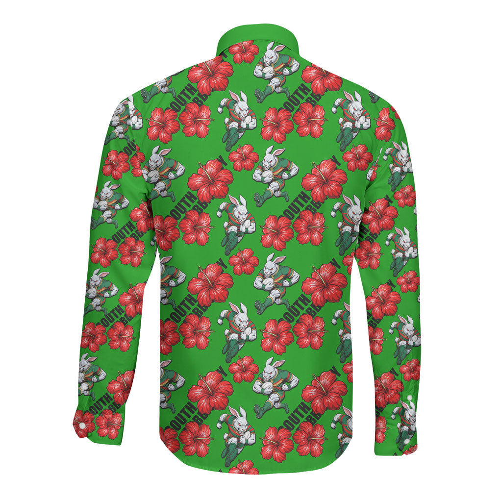 South Sydney Rabbitohs Long Sleeve Button Shirt Tropical Hibiscus Floral Seamless Rugby Mascot