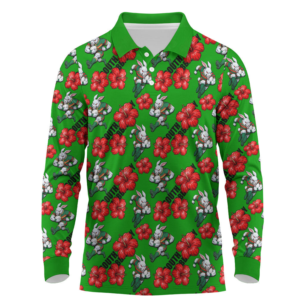 South Sydney Rabbitohs Long Sleeve Polo Shirt Tropical Hibiscus Floral Seamless Rugby Mascot