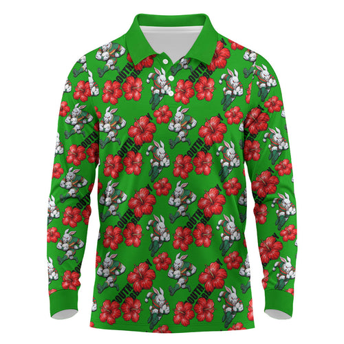 South Sydney Rabbitohs Long Sleeve Polo Shirt Tropical Hibiscus Floral Seamless Rugby Mascot