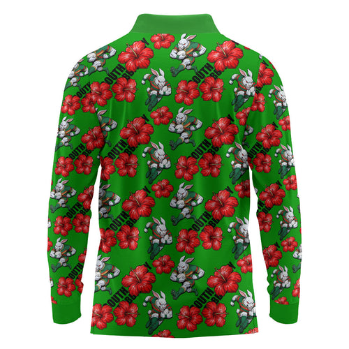 South Sydney Rabbitohs Long Sleeve Polo Shirt Tropical Hibiscus Floral Seamless Rugby Mascot