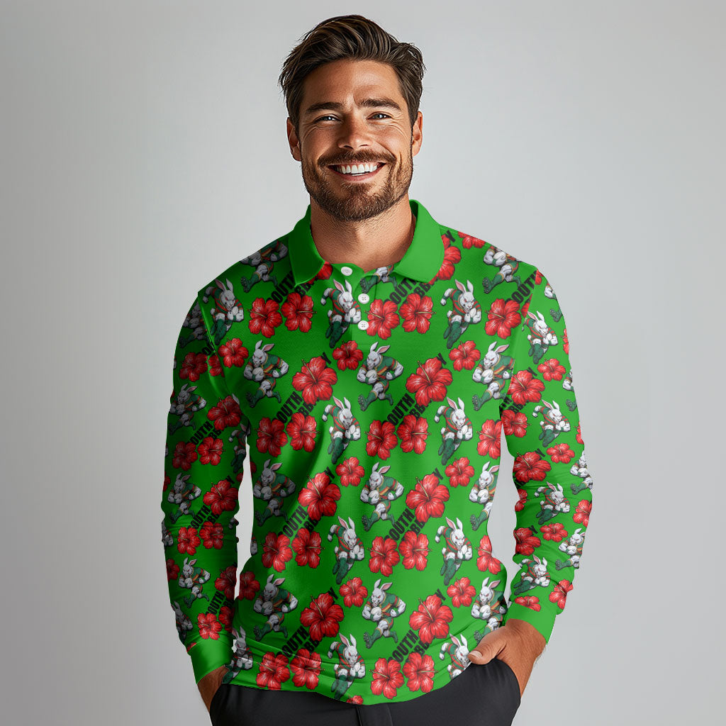 South Sydney Rabbitohs Long Sleeve Polo Shirt Tropical Hibiscus Floral Seamless Rugby Mascot