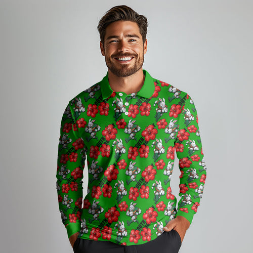 South Sydney Rabbitohs Long Sleeve Polo Shirt Tropical Hibiscus Floral Seamless Rugby Mascot