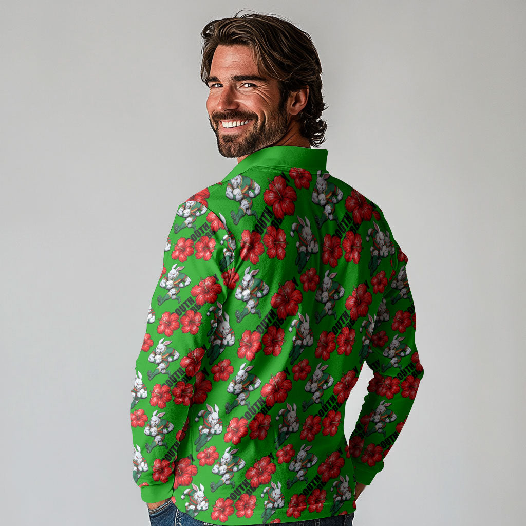 South Sydney Rabbitohs Long Sleeve Polo Shirt Tropical Hibiscus Floral Seamless Rugby Mascot