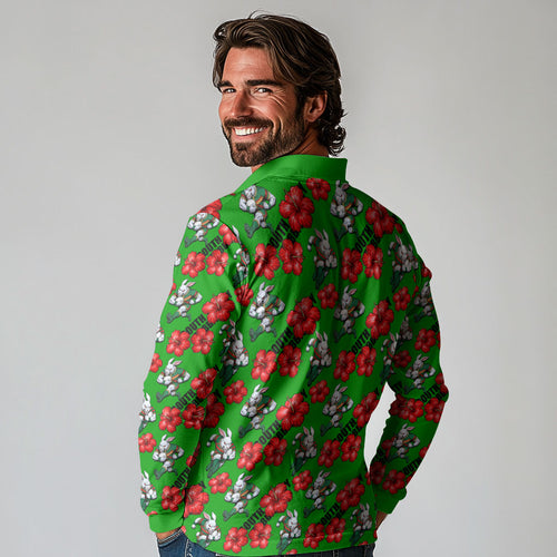 South Sydney Rabbitohs Long Sleeve Polo Shirt Tropical Hibiscus Floral Seamless Rugby Mascot