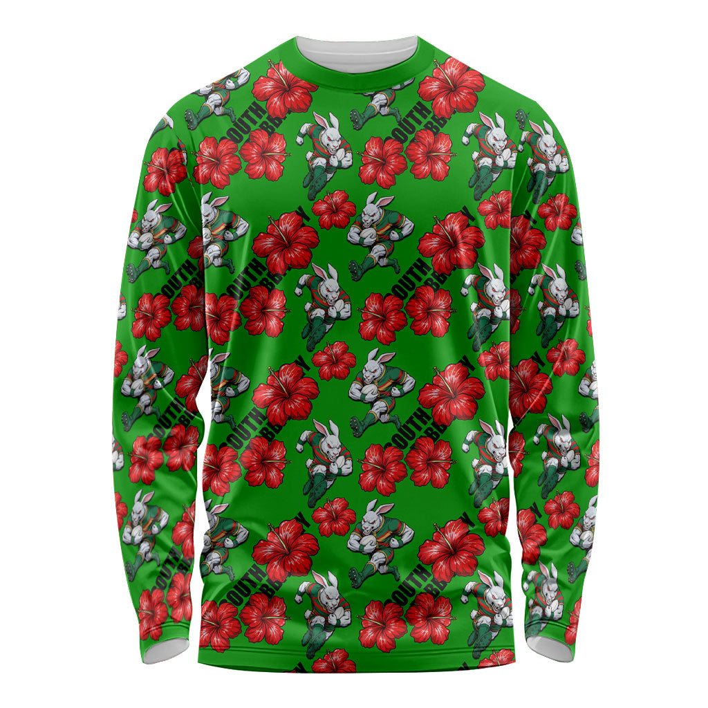 South Sydney Rabbitohs Long Sleeve Shirt Tropical Hibiscus Floral Seamless Rugby Mascot