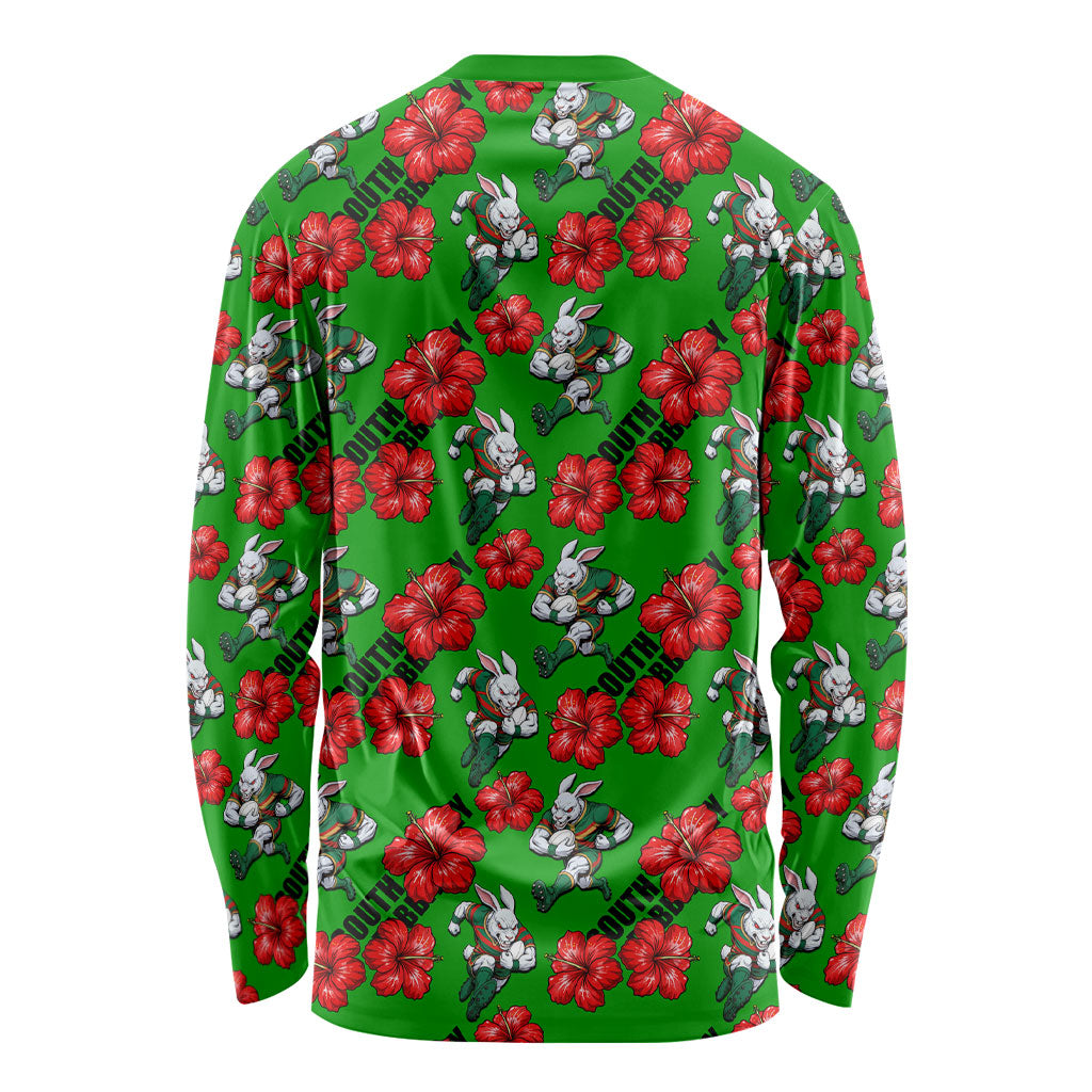South Sydney Rabbitohs Long Sleeve Shirt Tropical Hibiscus Floral Seamless Rugby Mascot