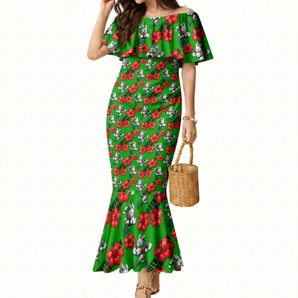 South Sydney Rabbitohs Mermaid Dress Tropical Hibiscus Floral Seamless Rugby Mascot
