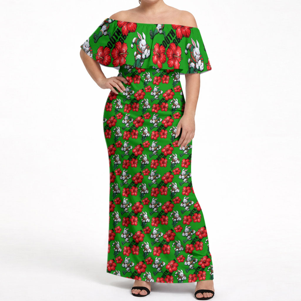 South Sydney Rabbitohs Off Shoulder Maxi Dress Tropical Hibiscus Floral Seamless Rugby Mascot