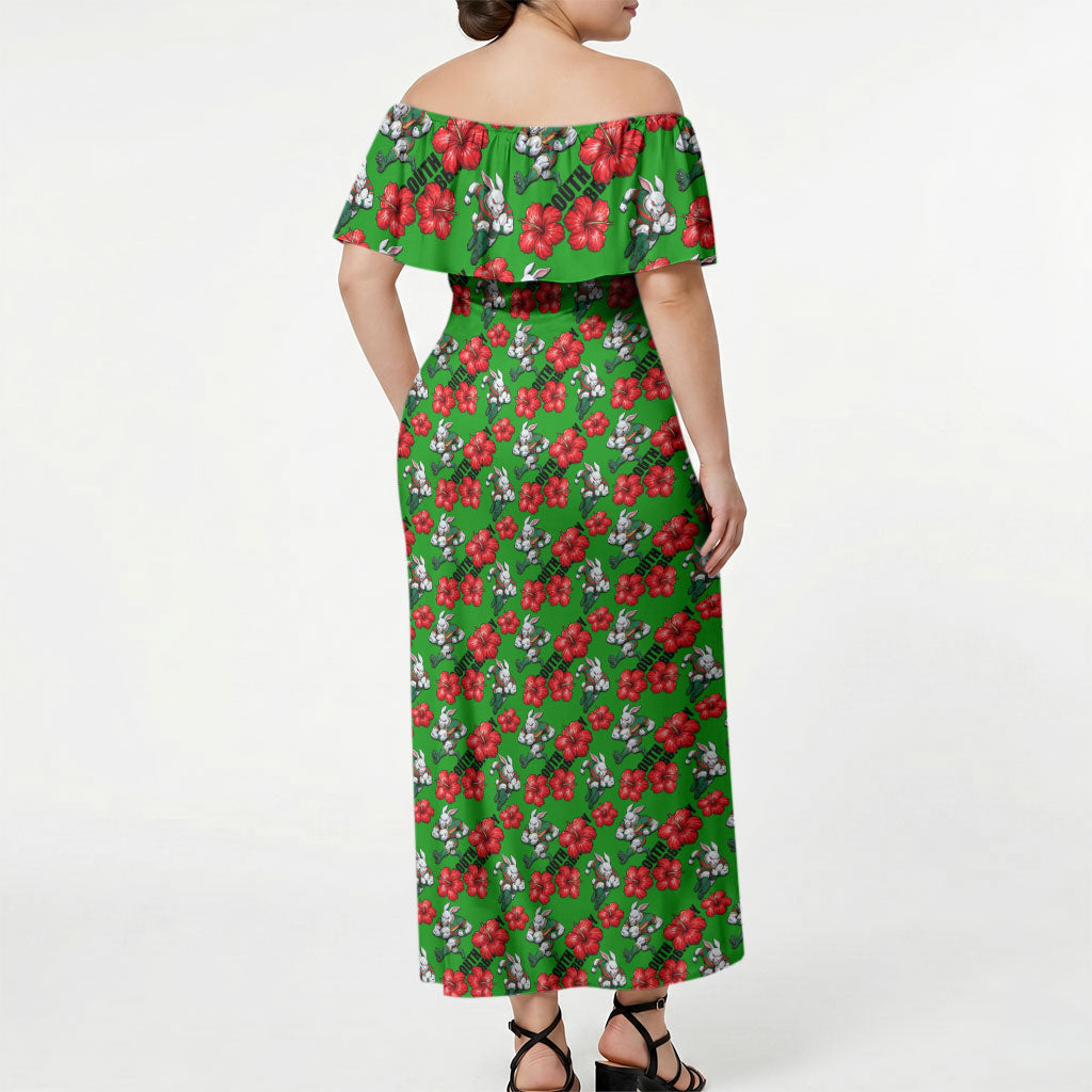 South Sydney Rabbitohs Off Shoulder Maxi Dress Tropical Hibiscus Floral Seamless Rugby Mascot