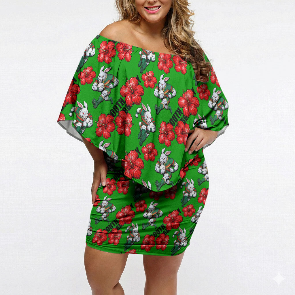 South Sydney Rabbitohs Off Shoulder Short Dress Tropical Hibiscus Floral Seamless Rugby Mascot
