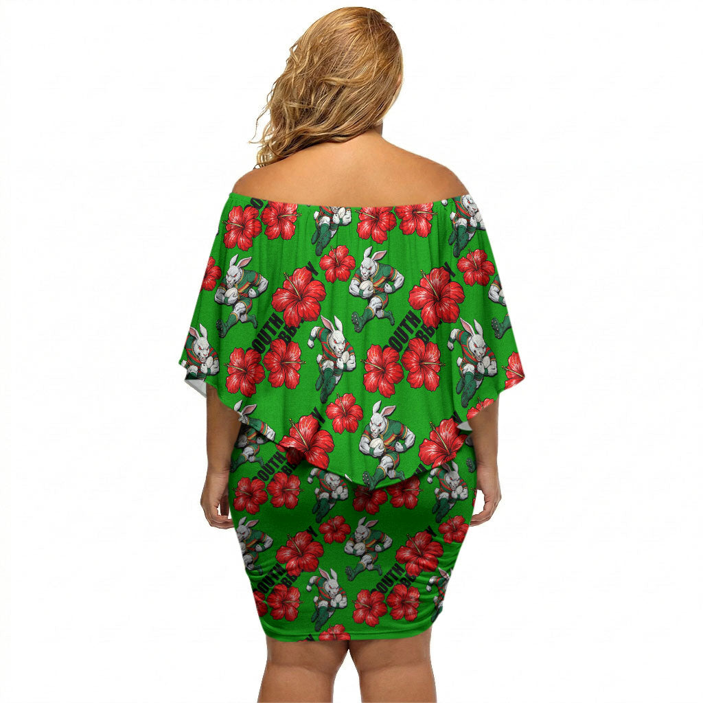 South Sydney Rabbitohs Off Shoulder Short Dress Tropical Hibiscus Floral Seamless Rugby Mascot