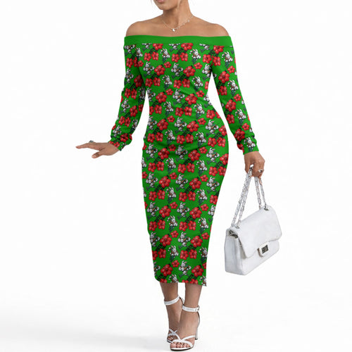 South Sydney Rabbitohs Off The Shoulder Long Sleeve Dress Tropical Hibiscus Floral Seamless Rugby Mascot