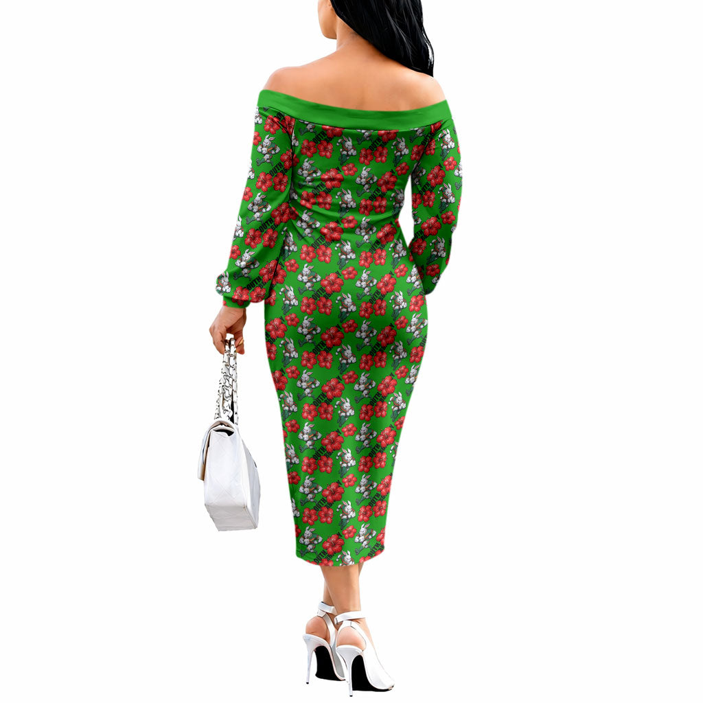 South Sydney Rabbitohs Off The Shoulder Long Sleeve Dress Tropical Hibiscus Floral Seamless Rugby Mascot
