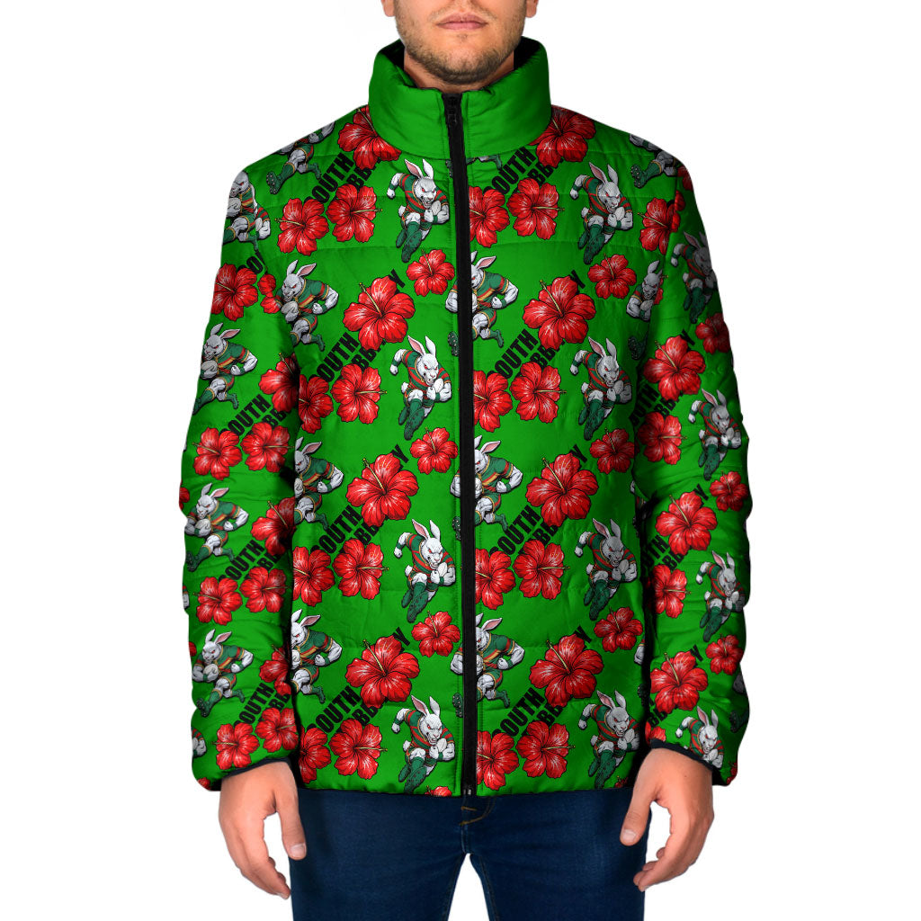 South Sydney Rabbitohs Padded Jacket Tropical Hibiscus Floral Seamless Rugby Mascot