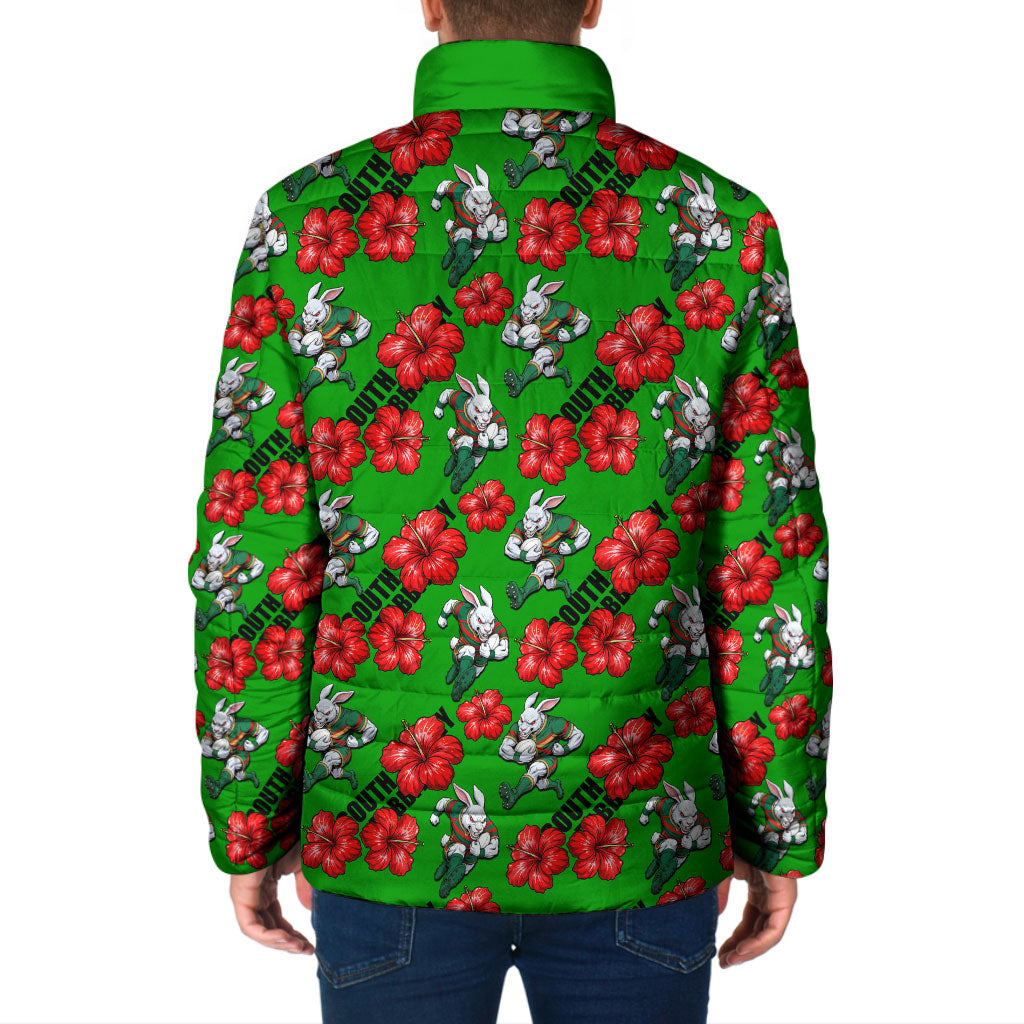 South Sydney Rabbitohs Padded Jacket Tropical Hibiscus Floral Seamless Rugby Mascot