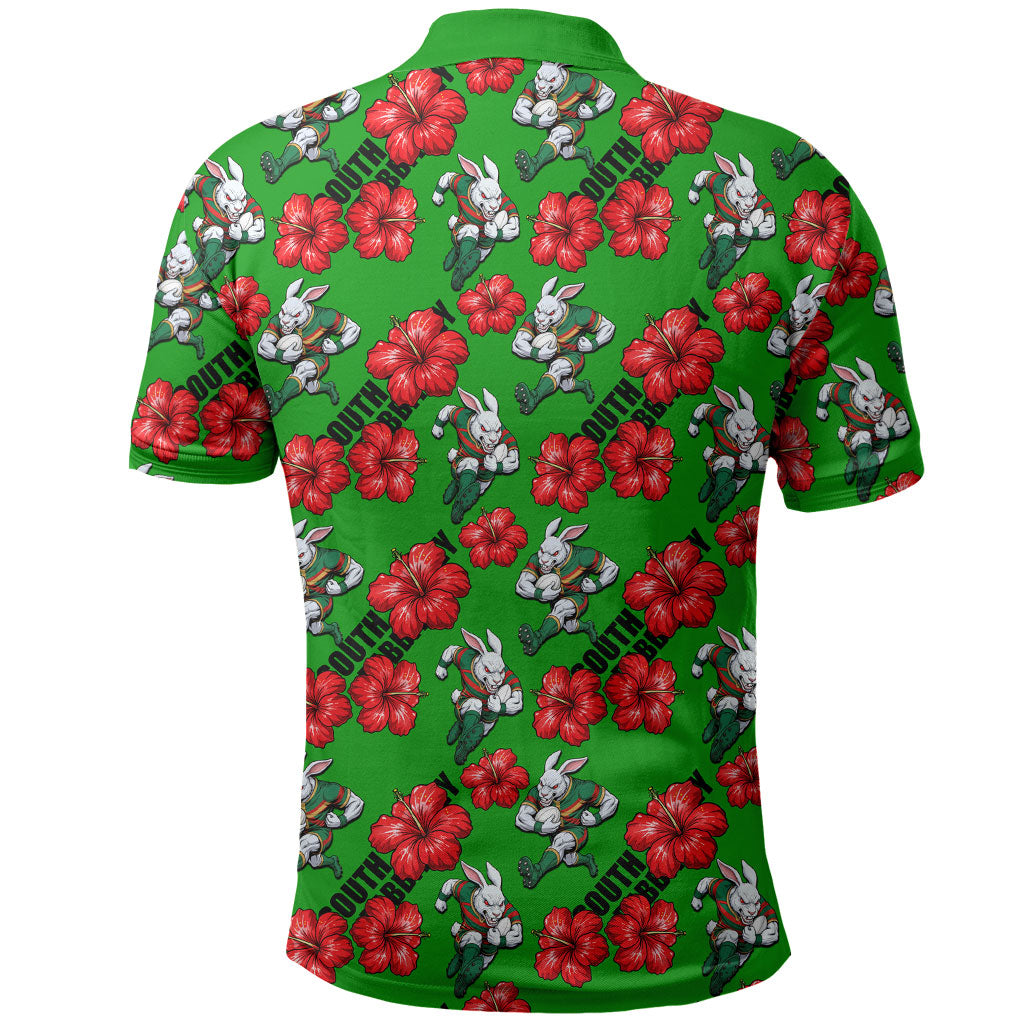 South Sydney Rabbitohs Polo Shirt Tropical Hibiscus Floral Seamless Rugby Mascot