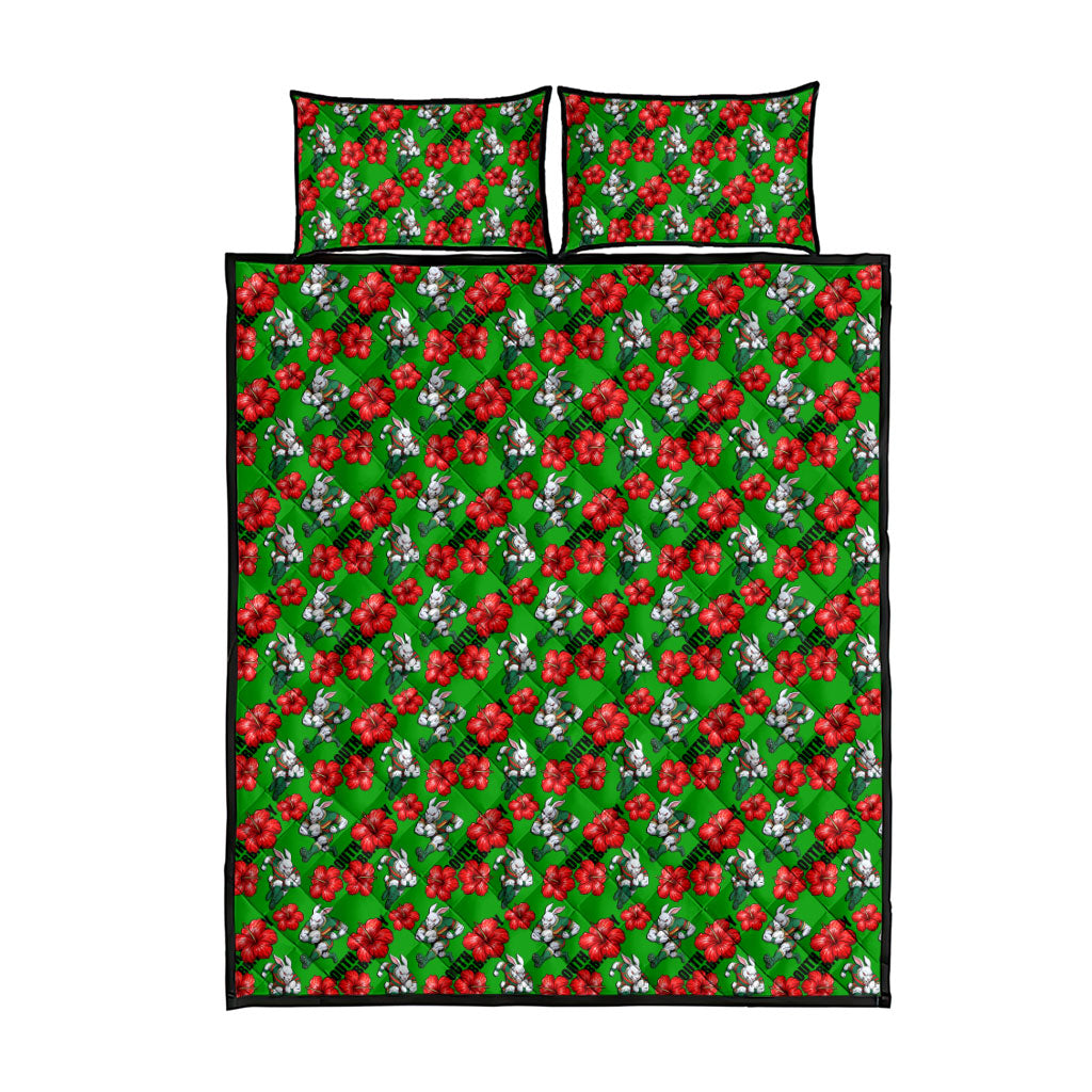 South Sydney Rabbitohs Quilt Bed Set Tropical Hibiscus Floral Seamless Rugby Mascot