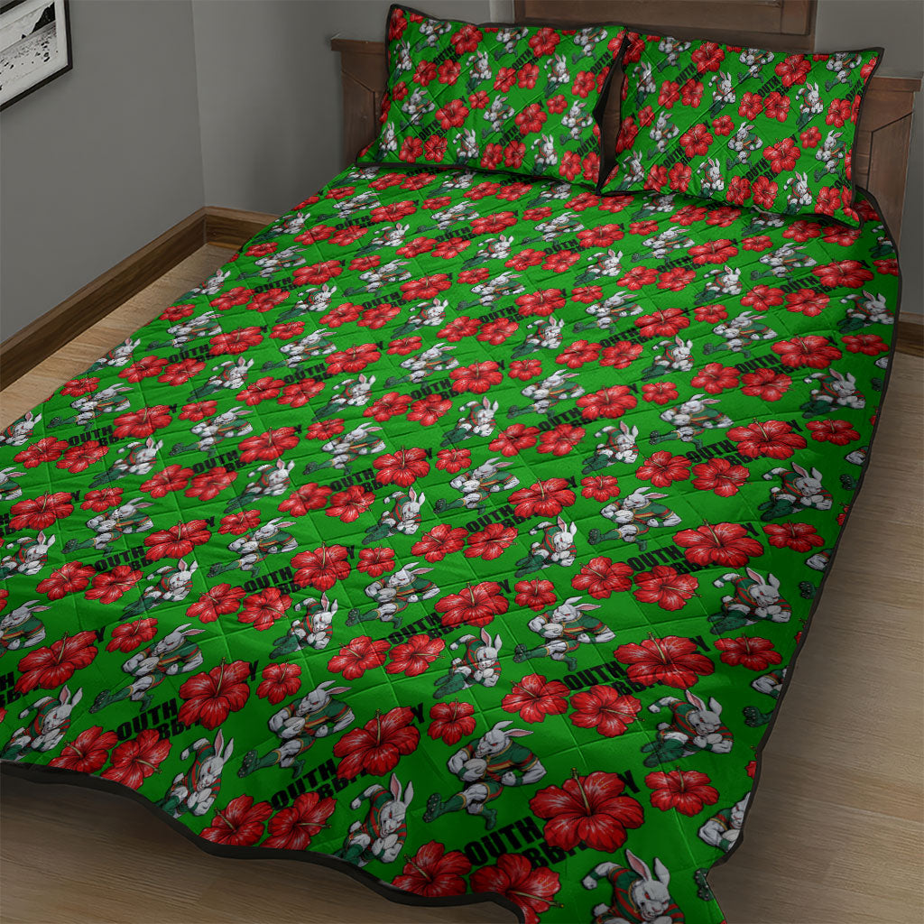 South Sydney Rabbitohs Quilt Bed Set Tropical Hibiscus Floral Seamless Rugby Mascot