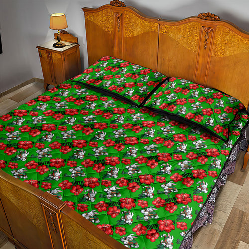 South Sydney Rabbitohs Quilt Bed Set Tropical Hibiscus Floral Seamless Rugby Mascot