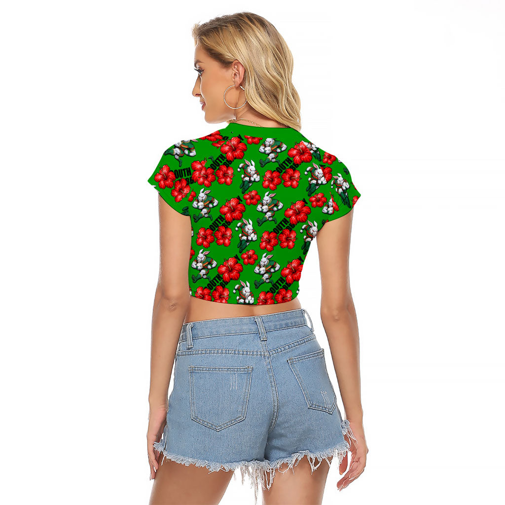 South Sydney Rabbitohs Raglan Cropped T Shirt Tropical Hibiscus Floral Seamless Rugby Mascot