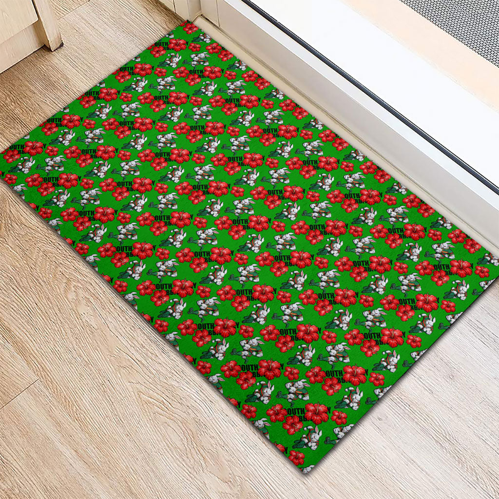 South Sydney Rabbitohs Rubber Doormat Tropical Hibiscus Floral Seamless Rugby Mascot