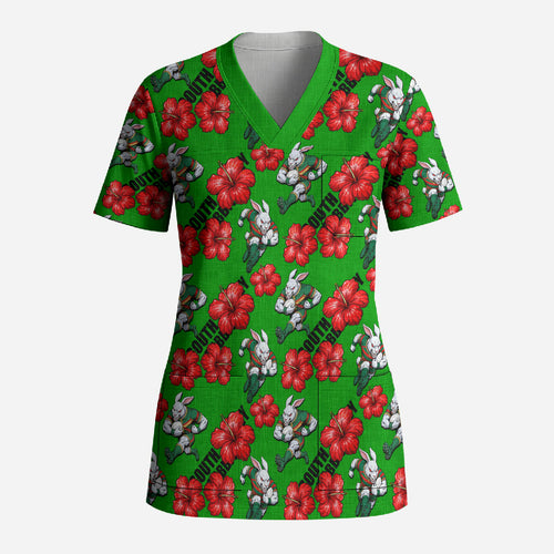 South Sydney Rabbitohs Scrub Top Tropical Hibiscus Floral Seamless Rugby Mascot