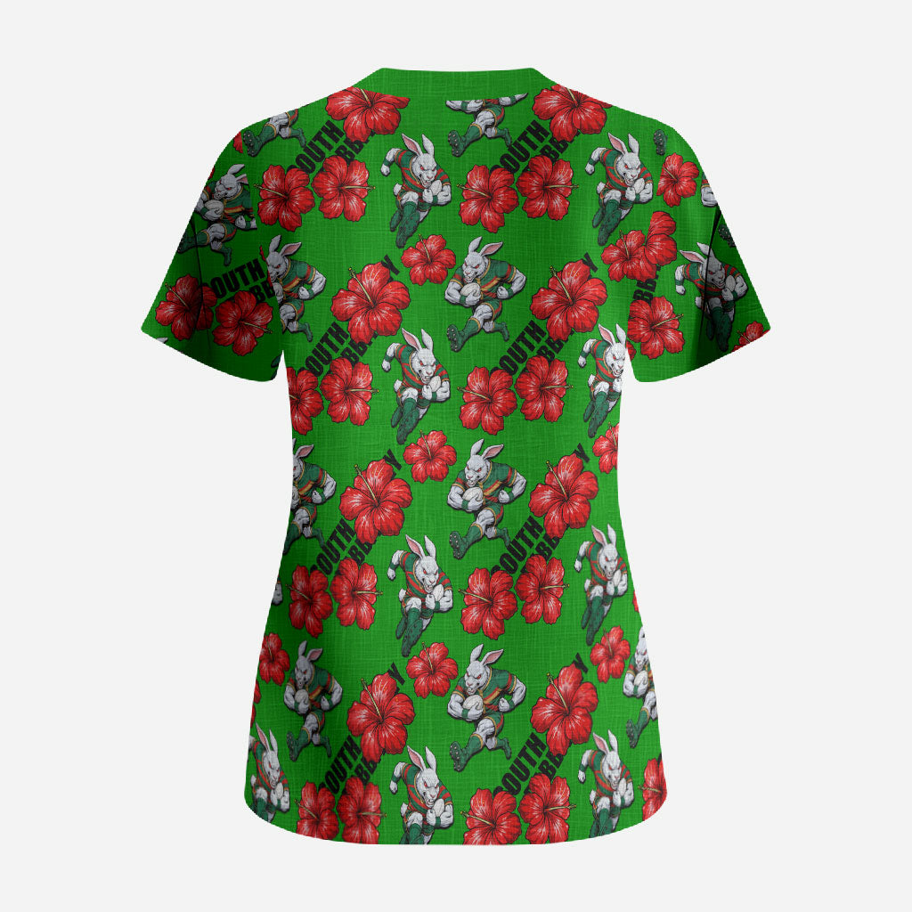 South Sydney Rabbitohs Scrub Top Tropical Hibiscus Floral Seamless Rugby Mascot