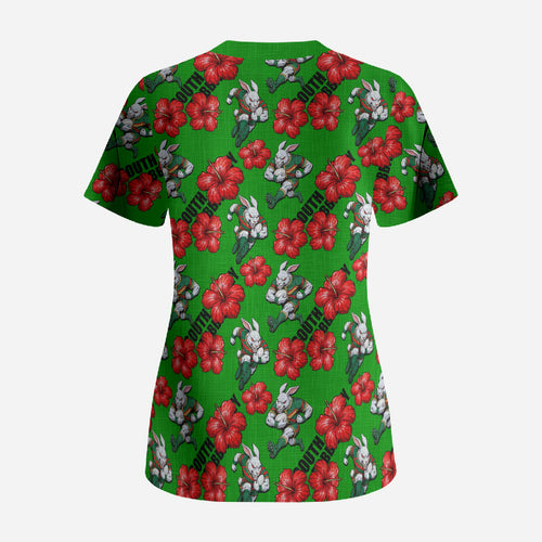 South Sydney Rabbitohs Scrub Top Tropical Hibiscus Floral Seamless Rugby Mascot