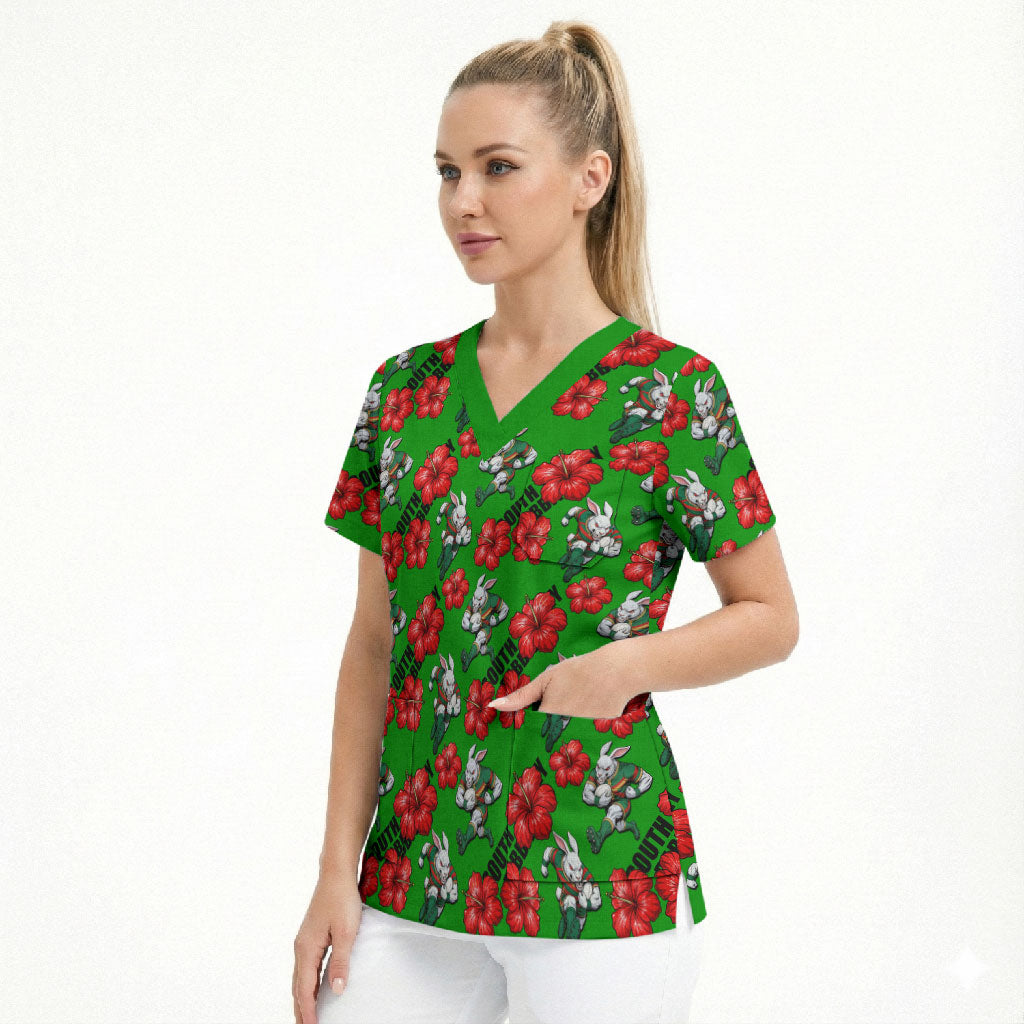 South Sydney Rabbitohs Scrub Top Tropical Hibiscus Floral Seamless Rugby Mascot