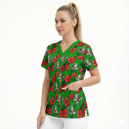 South Sydney Rabbitohs Scrub Top Tropical Hibiscus Floral Seamless Rugby Mascot