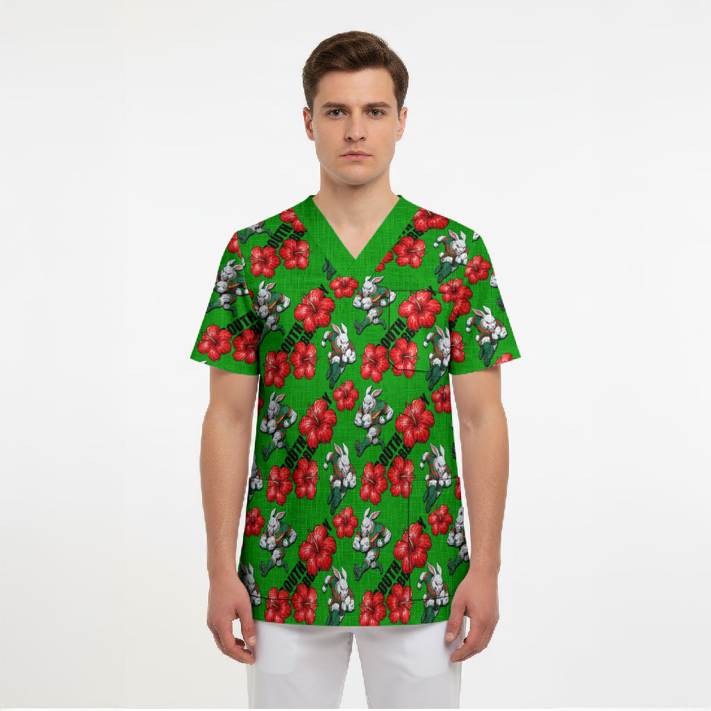 South Sydney Rabbitohs Scrub Top Tropical Hibiscus Floral Seamless Rugby Mascot