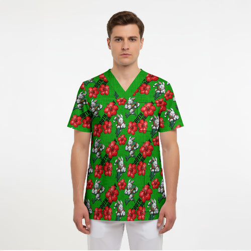 South Sydney Rabbitohs Scrub Top Tropical Hibiscus Floral Seamless Rugby Mascot