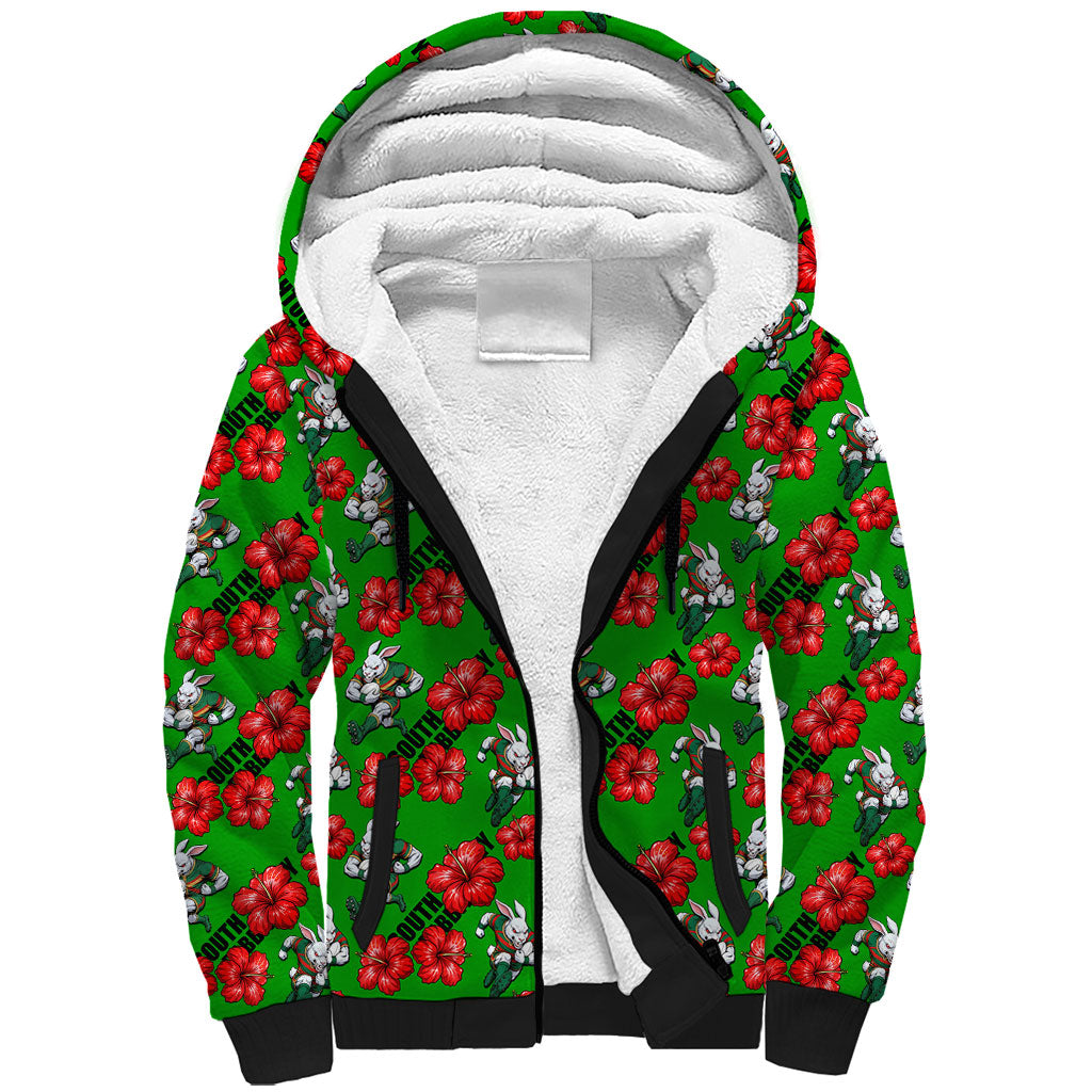 South Sydney Rabbitohs Sherpa Hoodie Tropical Hibiscus Floral Seamless Rugby Mascot