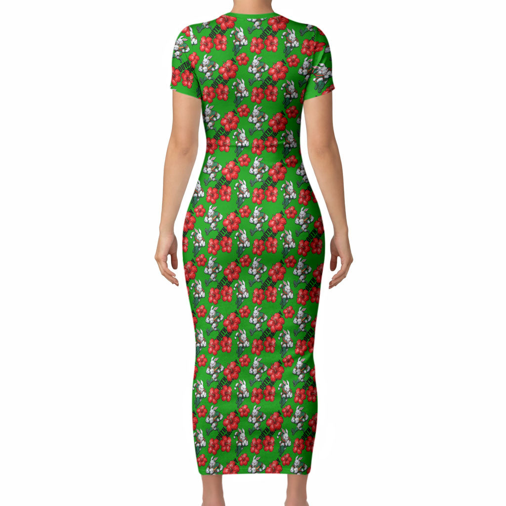 South Sydney Rabbitohs Short Sleeve Bodycon Dress Tropical Hibiscus Floral Seamless Rugby Mascot